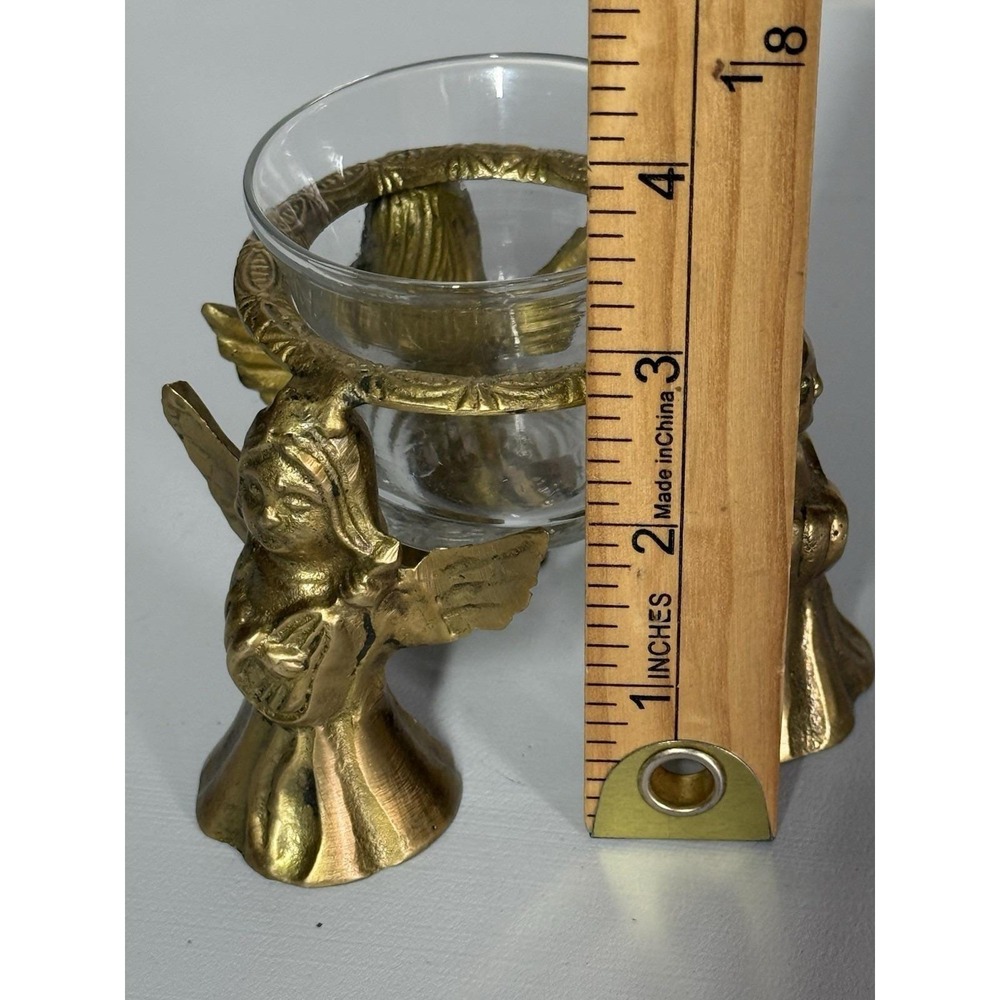 VTG Brass 3 Angels With Harps Votive Candle Holder Glass‎ Insert READ - Picture 10 of 11